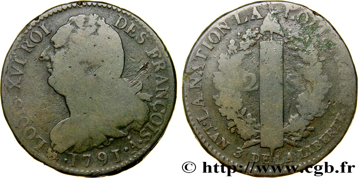 LOUIS XVI 2 sols dit  au faisceau , type FRANÇOIS 1791 Paris VF/F
