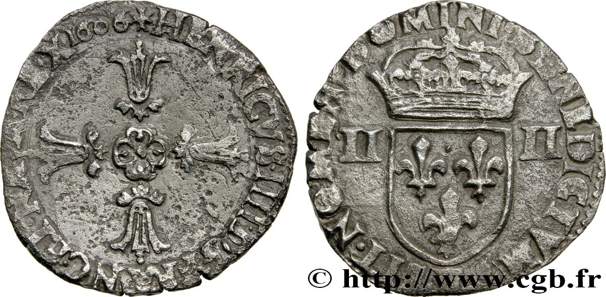 HENRI IV LE GRAND Quart d écu, croix feuillue de face 1606 Angers TB