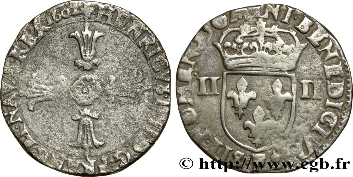 HENRY IV Quart d écu, croix feuillue de face 1602 Angers VF/VF