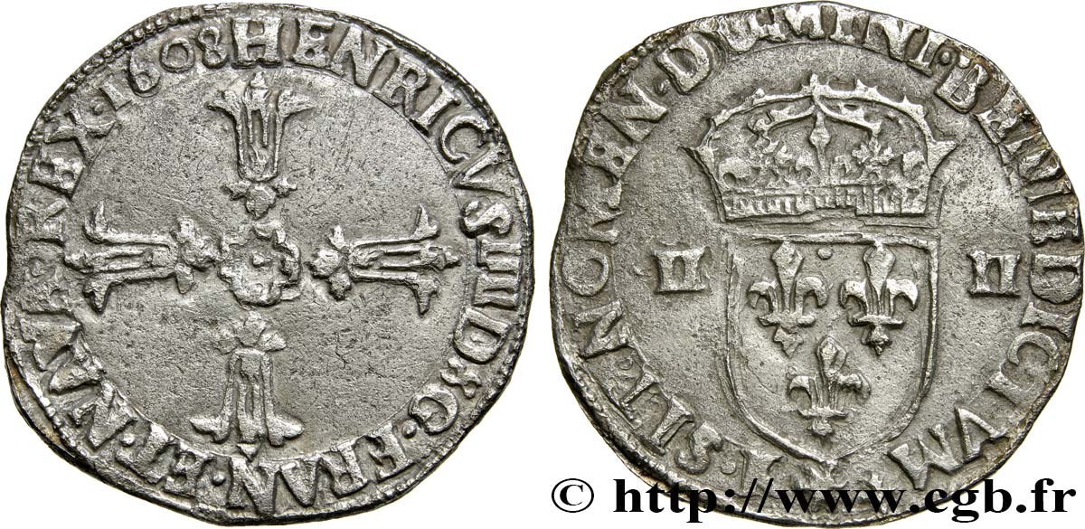 HENRI IV LE GRAND Quart d&nbsp;écu, croix feuillue de face 1608 Bordeaux TTB