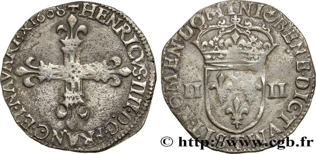 HENRI IV LE GRAND Quart d écu, croix bâtonnée et fleurdelisée de face 1608 Nantes TTB
