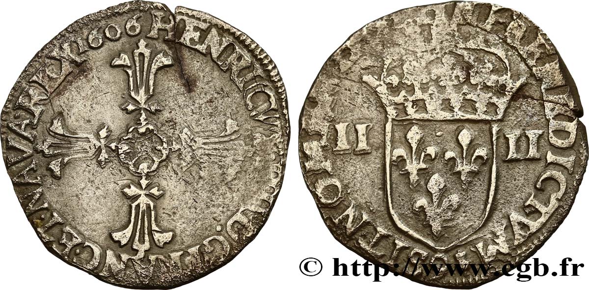 HENRY IV Quart d écu, croix feuillue de face 1606 Rennes q.BB