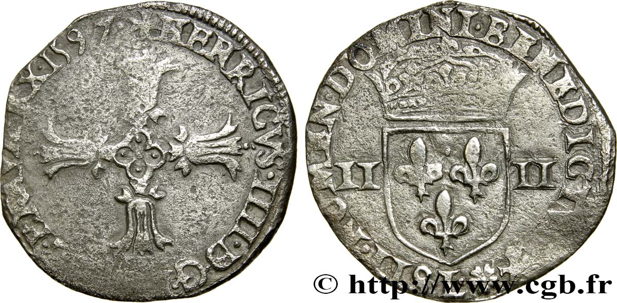 HENRI IV LE GRAND Quart d écu, croix feuillue de face 1597 Bayonne TB+