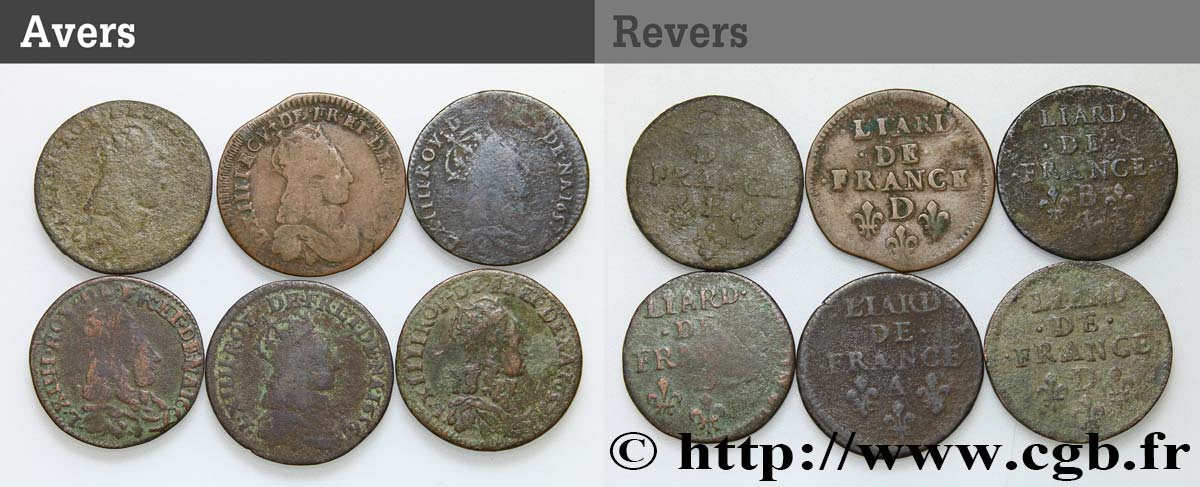 LOUIS XIV LE GRAND OU LE ROI SOLEIL Lot de six liards n.d. Ateliers divers B+