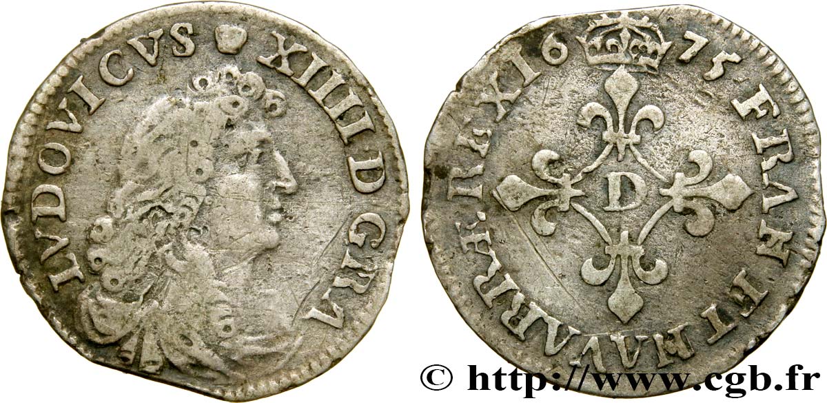 LOUIS XIV LE GRAND OU LE ROI SOLEIL Quatre sols à la croix formée de lis 1675 Vimy-en-Lyonnais (actuellement Neuville-sur-Saône) TB/TB+