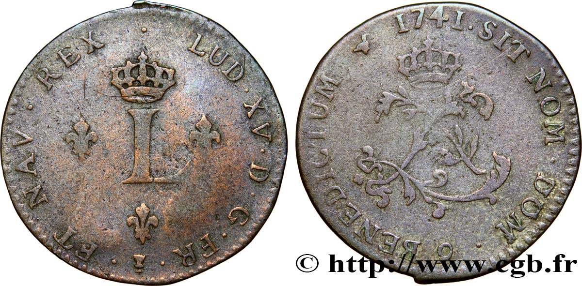 LOUIS XV  THE WELL-BELOVED  Double sol de billon 1741 Rennes S