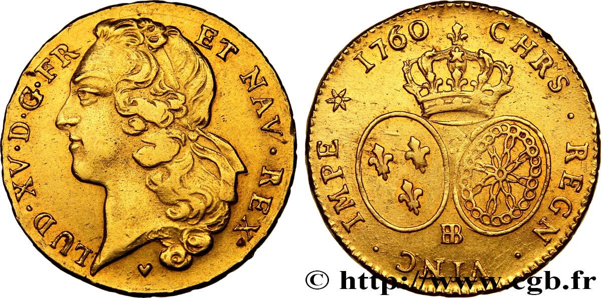 LOUIS XV  THE WELL-BELOVED  Double louis d’or aux écus ovales, tête ceinte d’un bandeau 1760 Strasbourg BB