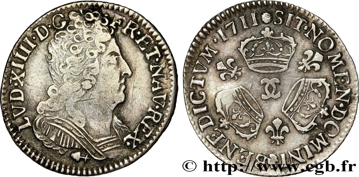 LOUIS XIV  THE SUN KING  Dixième d écu aux trois couronnes 1711 Besançon BB/q.SPL