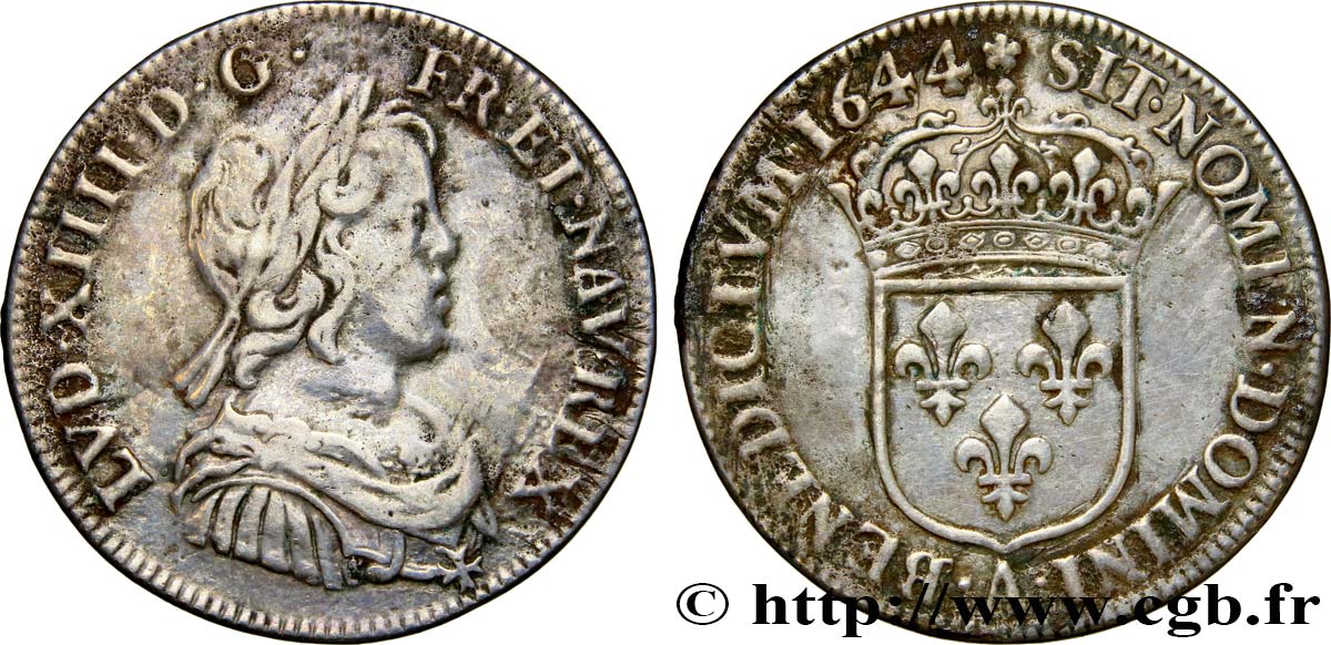 LOUIS XIV LE GRAND OU LE ROI SOLEIL Quart d écu, portrait à la mèche courte 1644 Paris, Monnaie de Matignon TB+