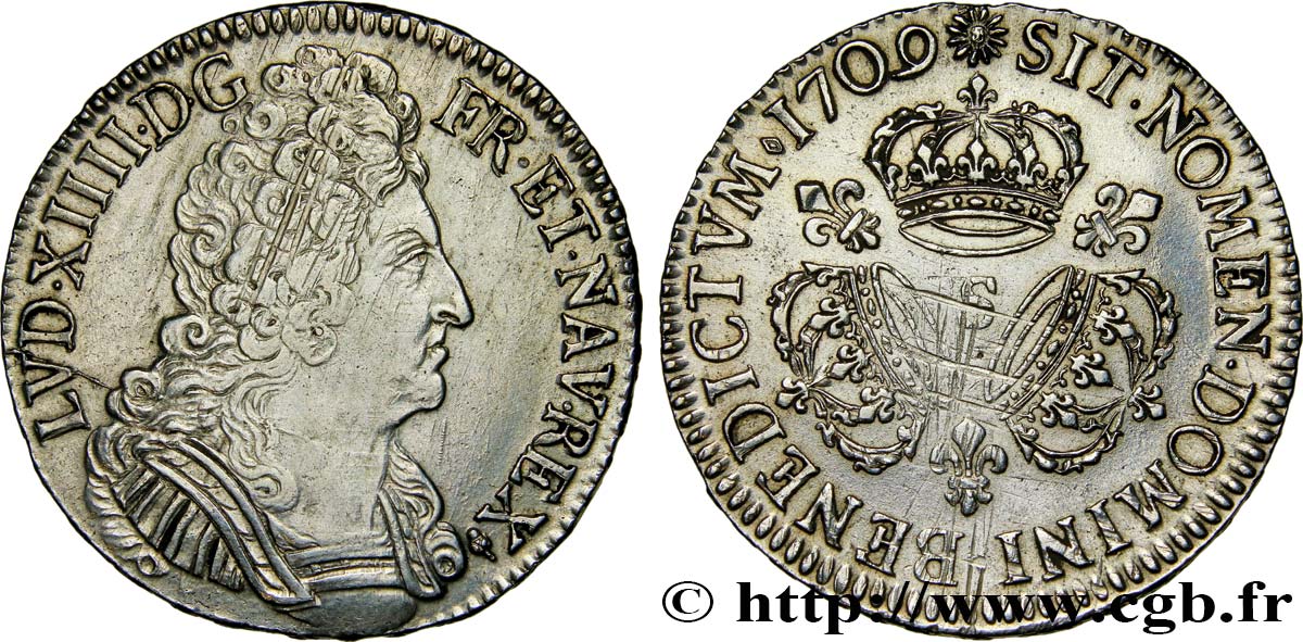 LOUIS XIV  THE SUN KING  Écu aux trois couronnes 1709 Reims BB/q.SPL