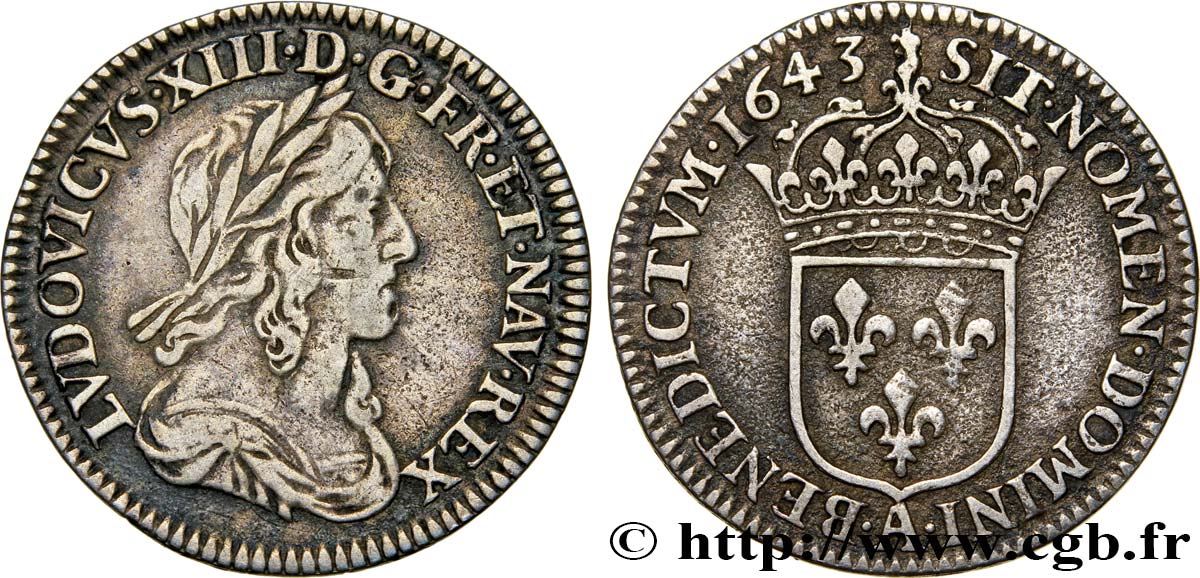 LOUIS XIII  Douzième d écu, buste drapé et cuirassé (2e buste de Jean Warin) 1643 Paris, Monnaie de Matignon VF/XF