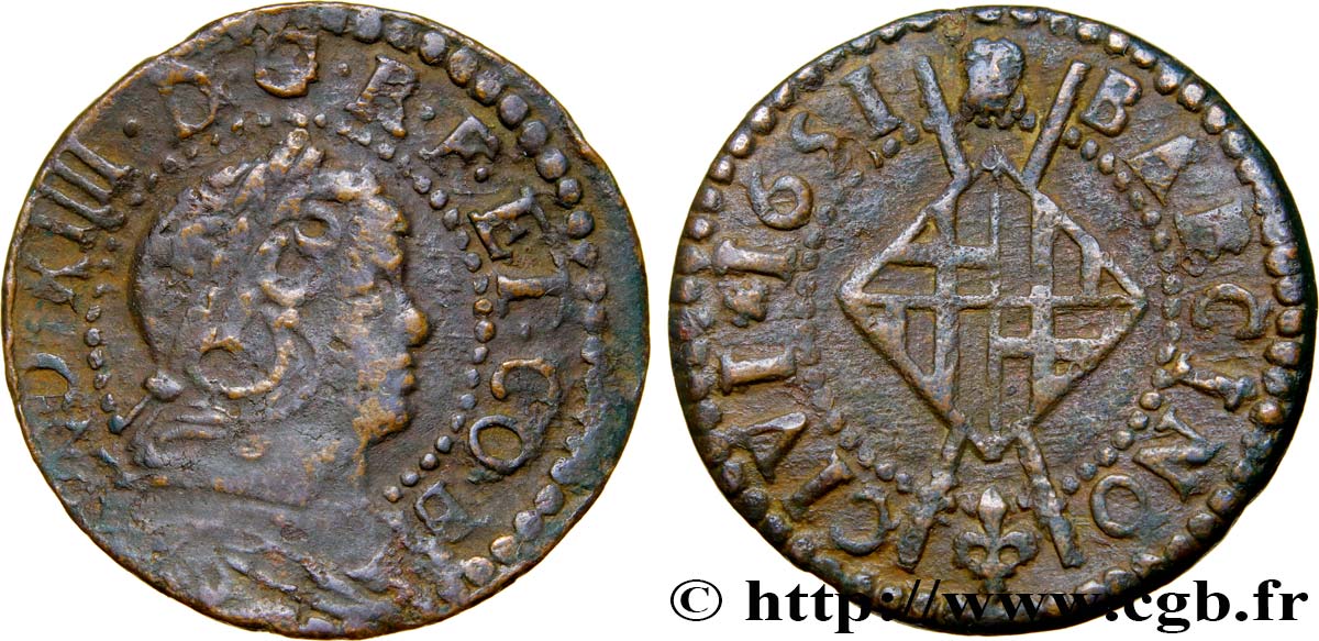 SPAIN - BARCELONA - LOUIS XIV THE SUN KING Sizain, 2e type 1651 Barcelone XF