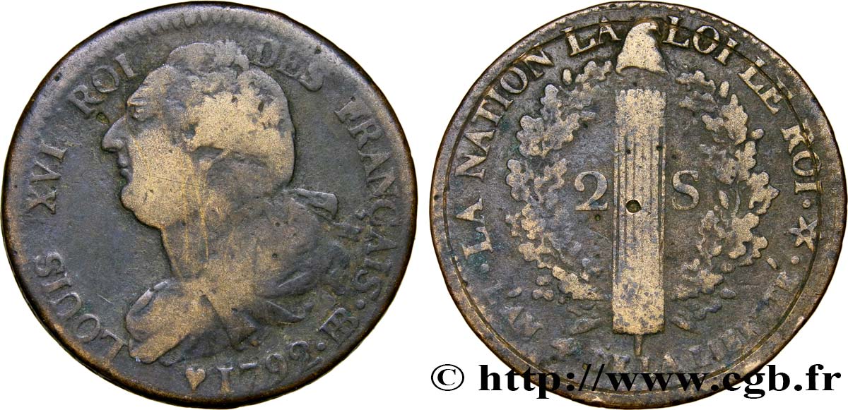 LOUIS XVI 2 sols dit  au faisceau , type FRANÇAIS 1792 Strasbourg MB
