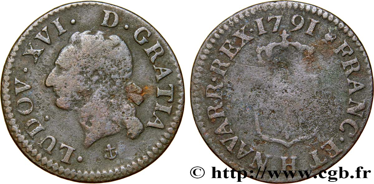 LOUIS XVI Liard dit “à l écu” 1791 La Rochelle B+