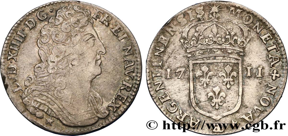 LOUIS XIV LE GRAND OU LE ROI SOLEIL Vingt-deux sols 1711 Strasbourg TB+