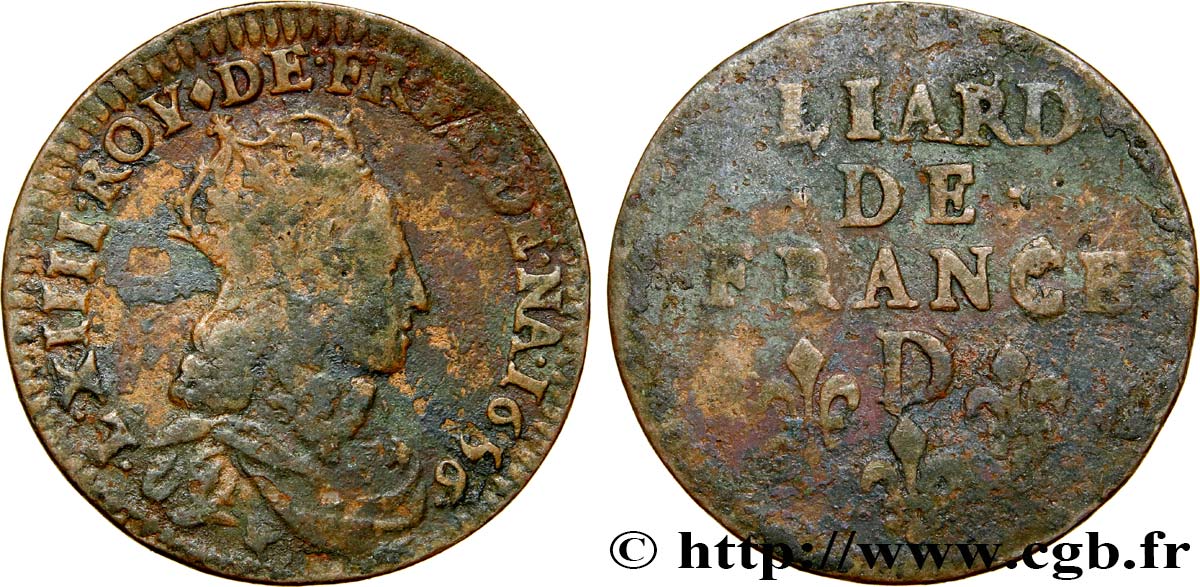 LOUIS XIV LE GRAND OU LE ROI SOLEIL Liard de cuivre, 2e type 1656 Vimy-en-Lyonnais (actuellement Neuville-sur-Saône) B+