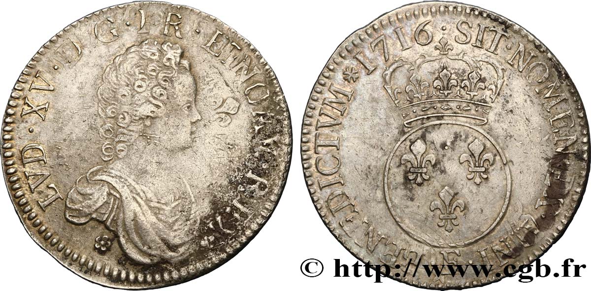 LOUIS XV DIT LE BIEN AIMÉ Écu dit  vertugadin  1716 Tours TB+