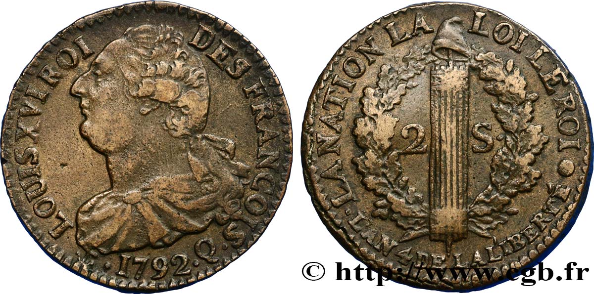 LOUIS XVI (MONARQUE CONSTITUTIONNEL)  2 sols dit  au faisceau , type FRANÇOIS 1792 Perpignan TTB+