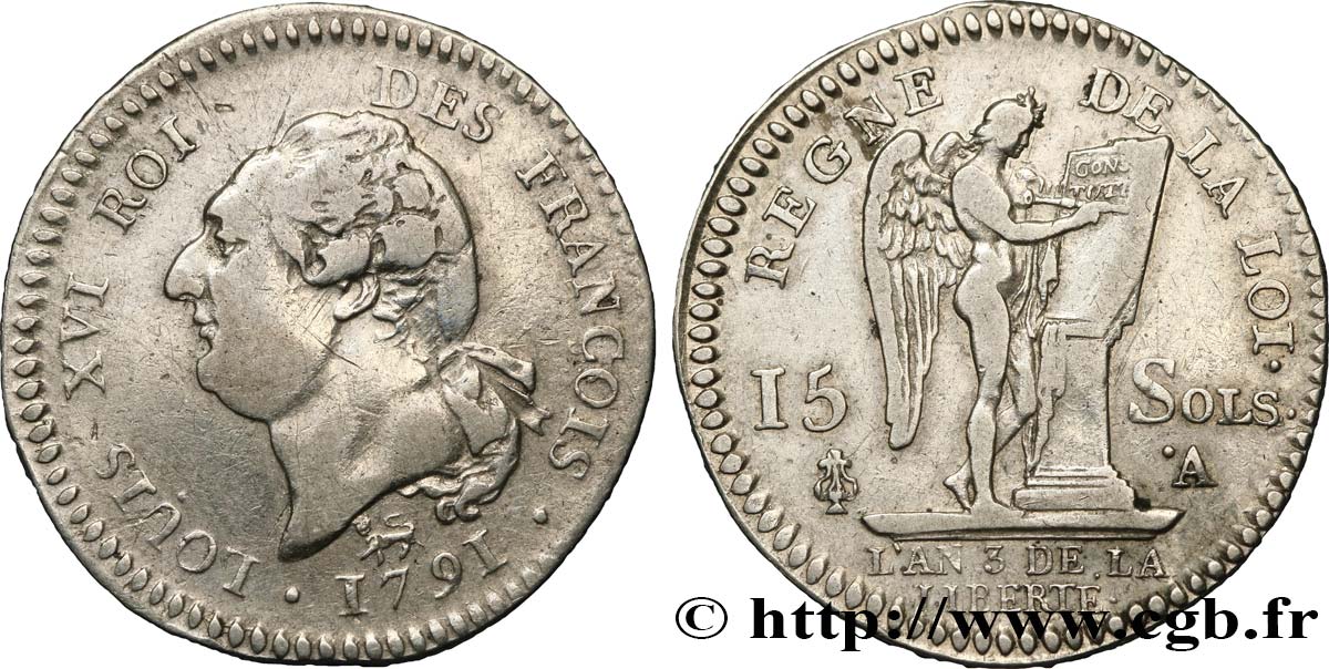 LOUIS XVI (MONARQUE CONSTITUTIONNEL)  15 sols dit  au génie , type FRANÇOIS 1791 Paris TTB