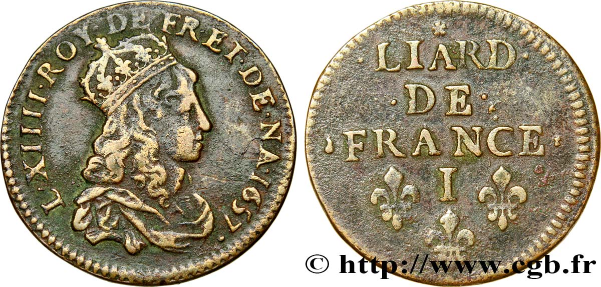 LOUIS XIV LE GRAND OU LE ROI SOLEIL Liard de cuivre, 2e type 1657 Limoges TTB