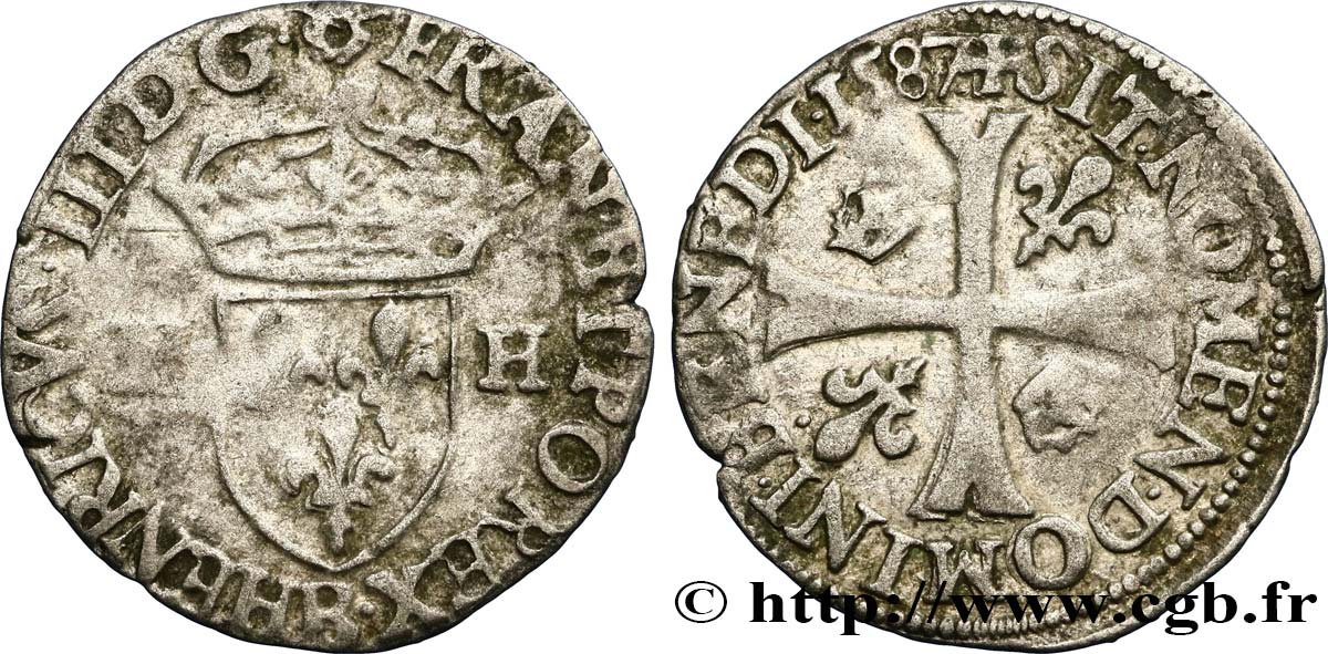 HENRI III Douzain aux deux H, 3e type 1587 Rouen TTB