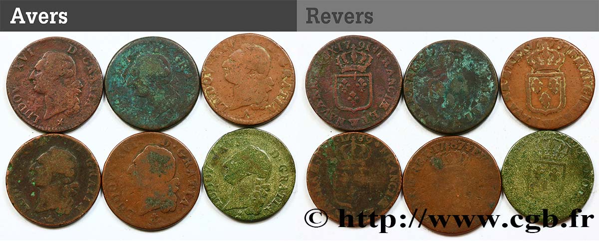 LOUIS XVI Sols dits &nbsp;à l&nbsp;écu&nbsp;, lot de 6 ex. n.d. Ateliers divers B