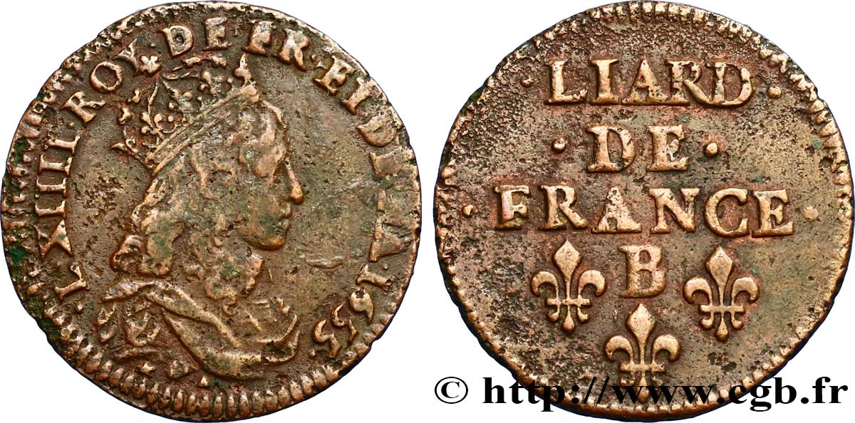 LOUIS XIV  THE SUN KING  Liard de cuivre, 2e type 1655 Pont-de-l’Arche XF