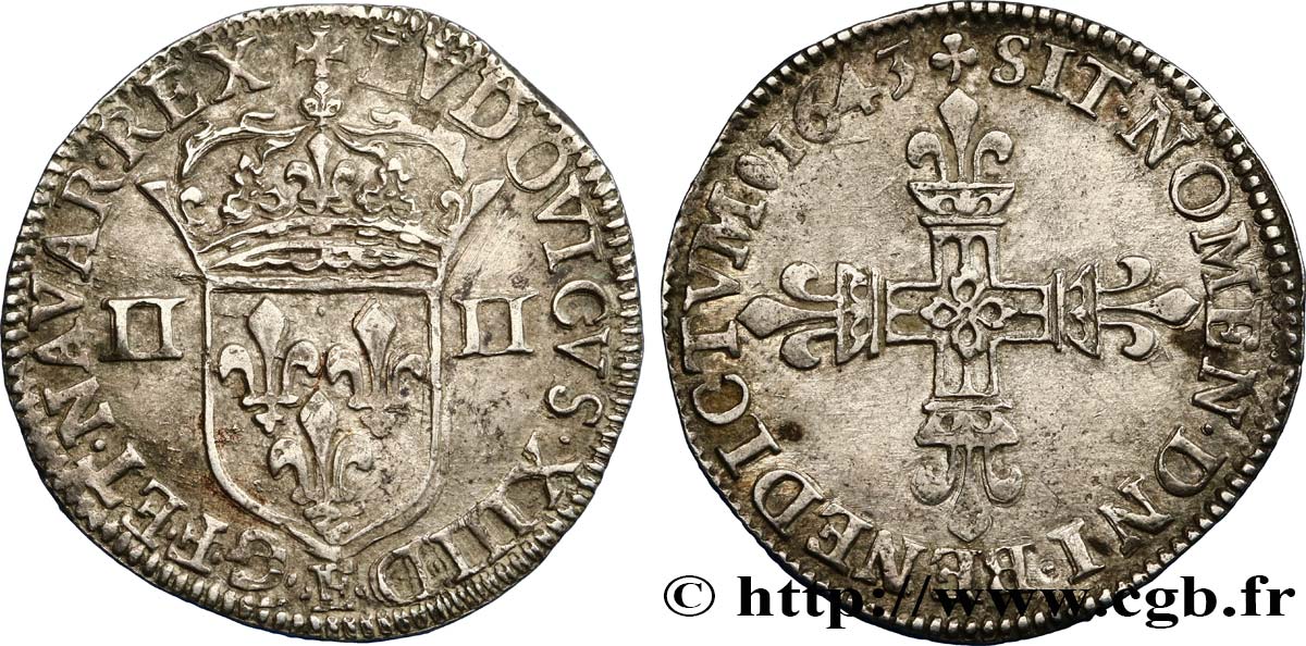 LOUIS XIII LE JUSTE Quart d écu, à la croix fleurdelisée, titulature côté écu 1643 Tours TTB/TTB+
