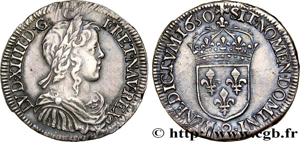 LOUIS XIV  THE SUN KING  Demi-écu, portrait à la mèche longue 1650 Rennes SS