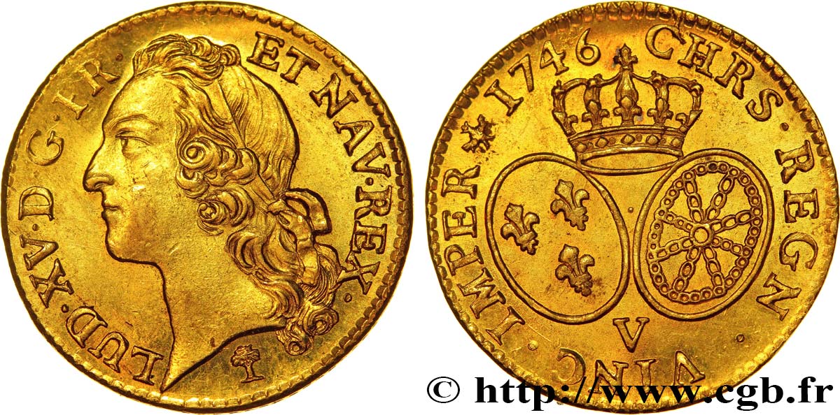 LOUIS XV  THE WELL-BELOVED  Louis d’or aux écus ovales, tête ceinte d’un bandeau 1746 Troyes SC