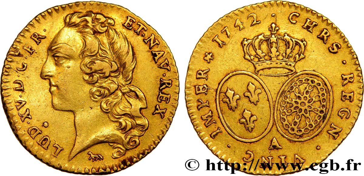 LOUIS XV DIT LE BIEN AIMÉ Demi-louis d’or aux écus ovales, tête ceinte d’un bandeau 1742 Paris TTB+/SUP