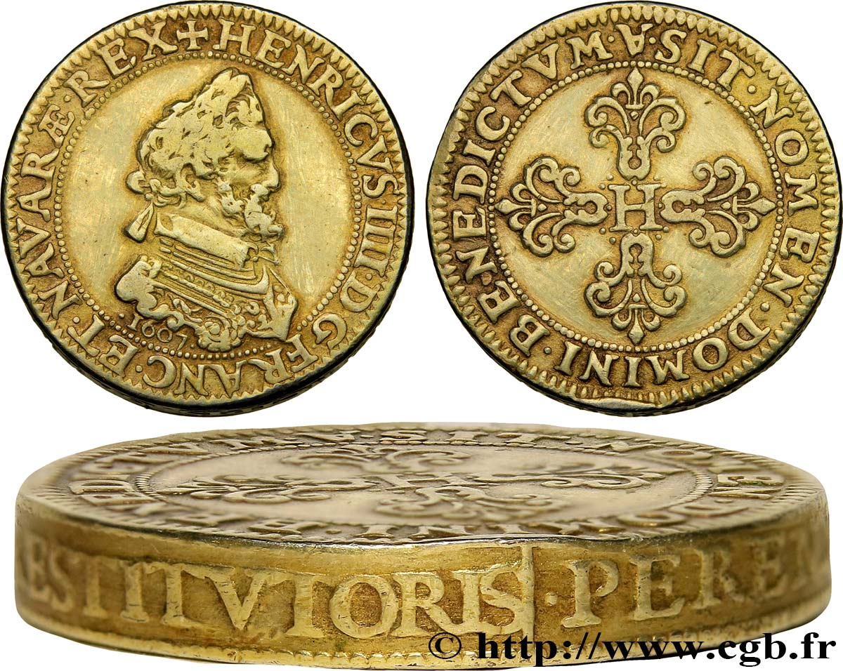 HENRY IV Piéfort 
d’argent de poids quadruple du demi-franc 1607 Paris, Moulin du Louvre MBC/MBC+