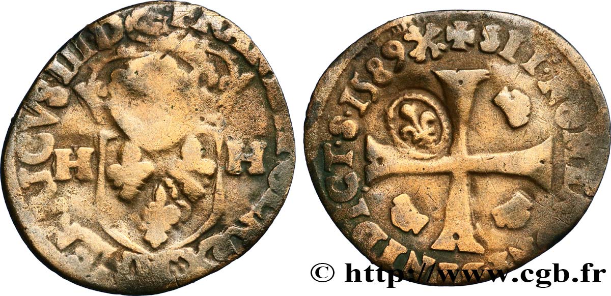 HENRI III Douzain aux deux H, 1er type, contremarqué en quinzain sous Louis XIII 1589 Toulouse B+