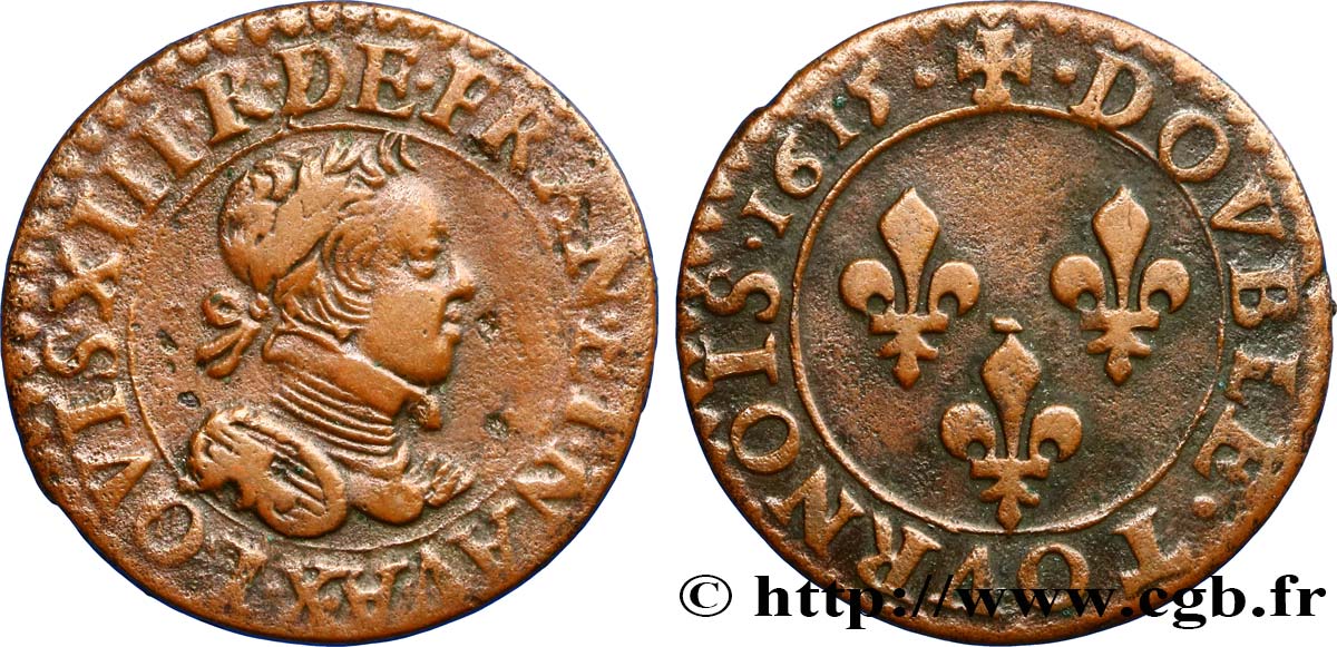 LOUIS XIII LE JUSTE Double tournois, type 2 1615 Amiens TTB