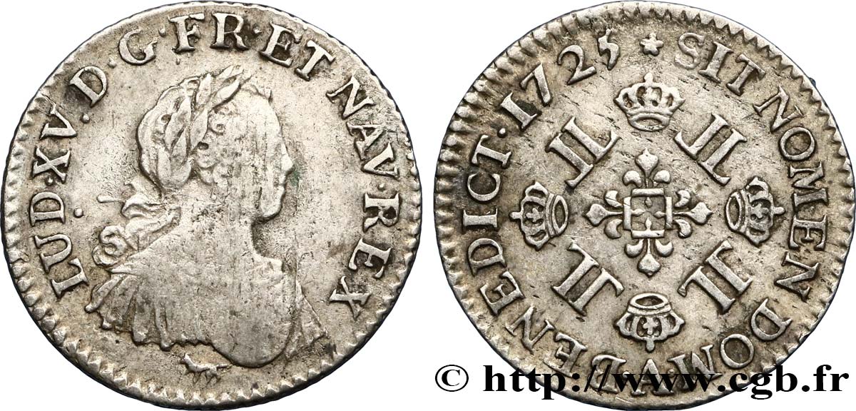 LOUIS XV &nbsp;THE WELL-BELOVED&nbsp; Huitième d’écu à la croix fleurdelisée couronnée et aux huit L 1725 Paris fSS/SS