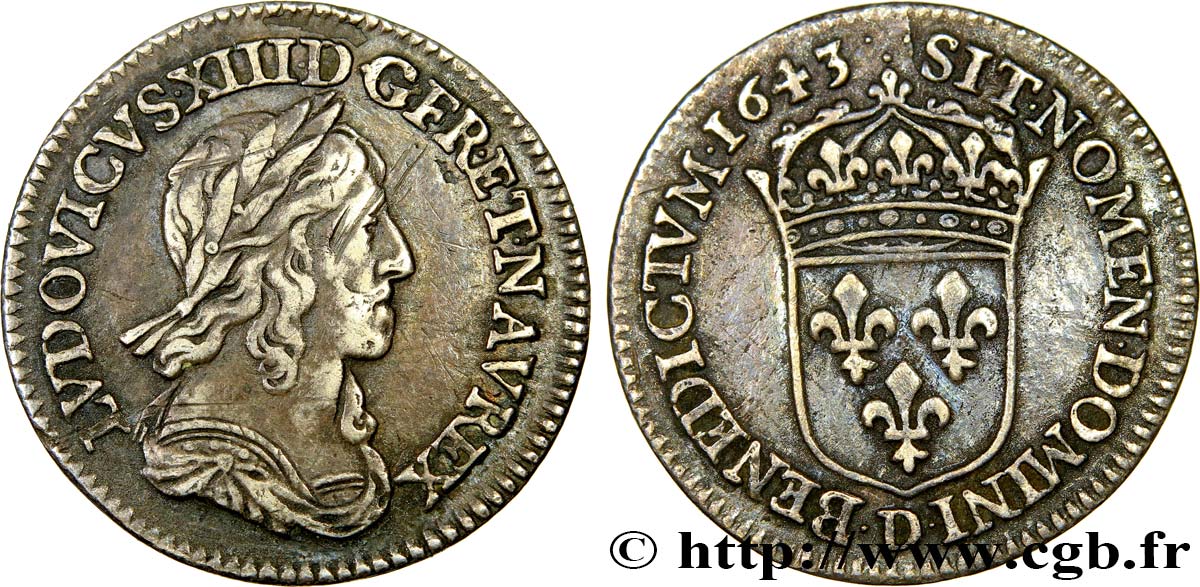 LOUIS XIII  Douzième d écu, buste drapé et cuirassé (2e buste de Jean Warin) 1643 Lyon SS