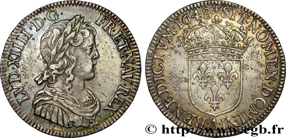 LOUIS XIV  THE SUN KING  Quart d écu, portait à la mèche longue 1648 Paris EBC/MBC+