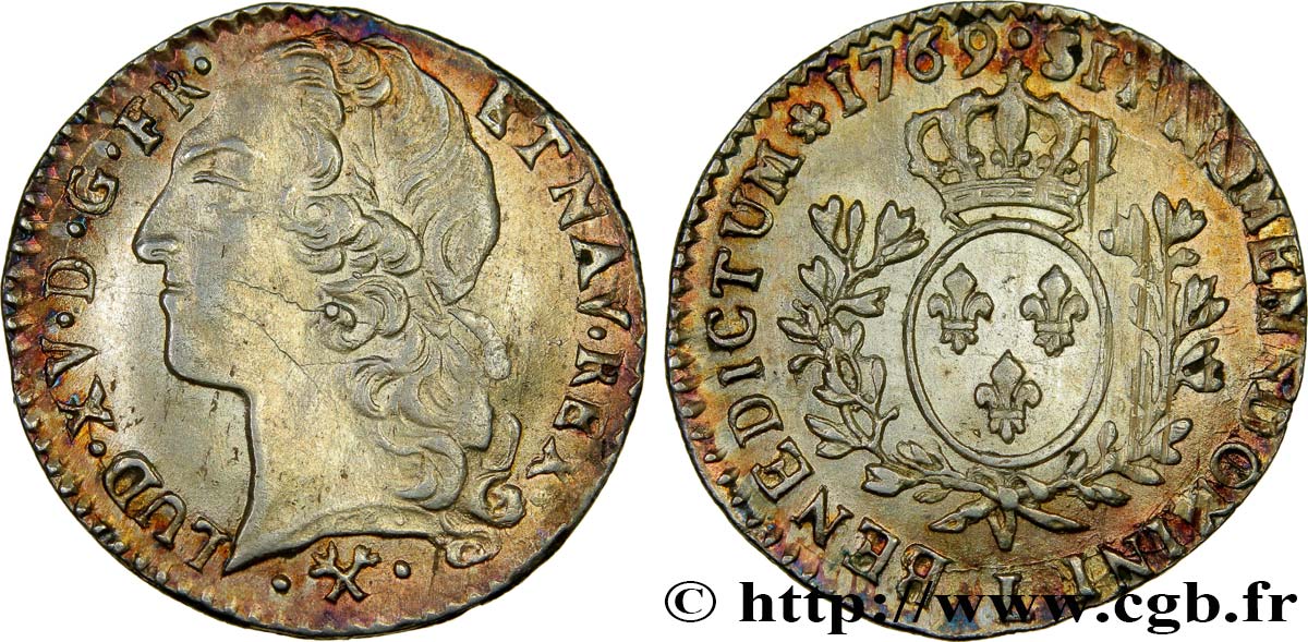 LOUIS XV  THE WELL-BELOVED  Dixième d écu aux branches d’olivier, tête ceinte d’un bandeau 1769 Bayonne VZ