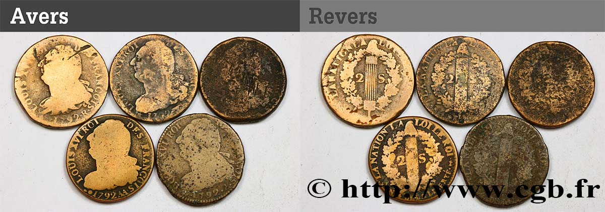 LOUIS XVI Lot de cinq pièces de 2 sols dit &nbsp;au faisceau&nbsp;, type FRANÇOIS n.d. s.l. q.MB