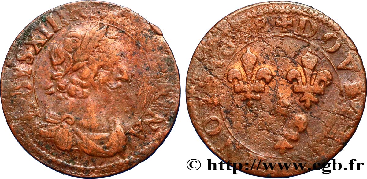 LOUIS XIII LE JUSTE Double tournois, type 2 1638 Rouen B+