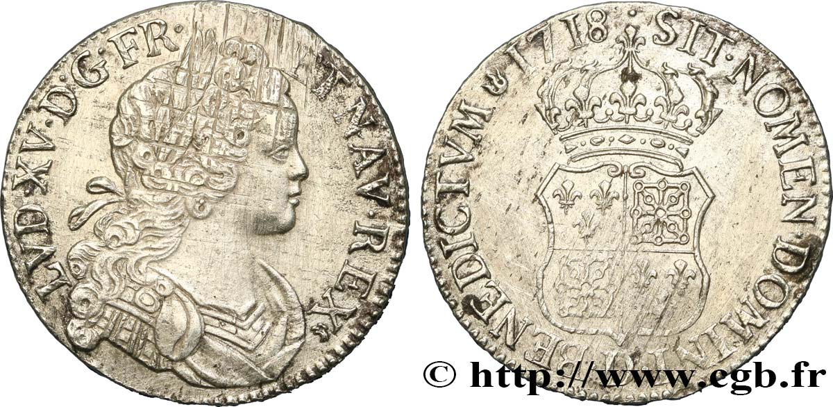 LOUIS XV DIT LE BIEN AIMÉ Écu dit  de France-Navarre  1718 Lyon TTB+/TTB