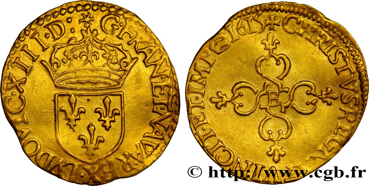 LOUIS XIII  Demi-écu d or au soleil, à la croix anillée fleurdelisée 1615 Rouen SPL