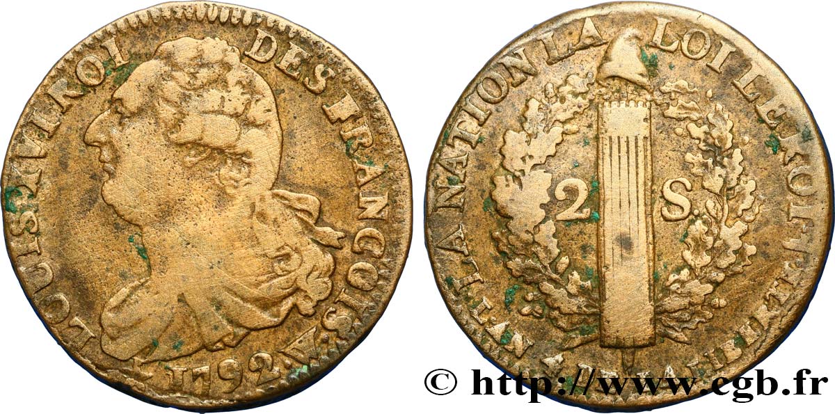 LOUIS XVI (MONARQUE CONSTITUTIONNEL)  2 sols dit  au faisceau , type FRANCOIS 1792 Lille TB