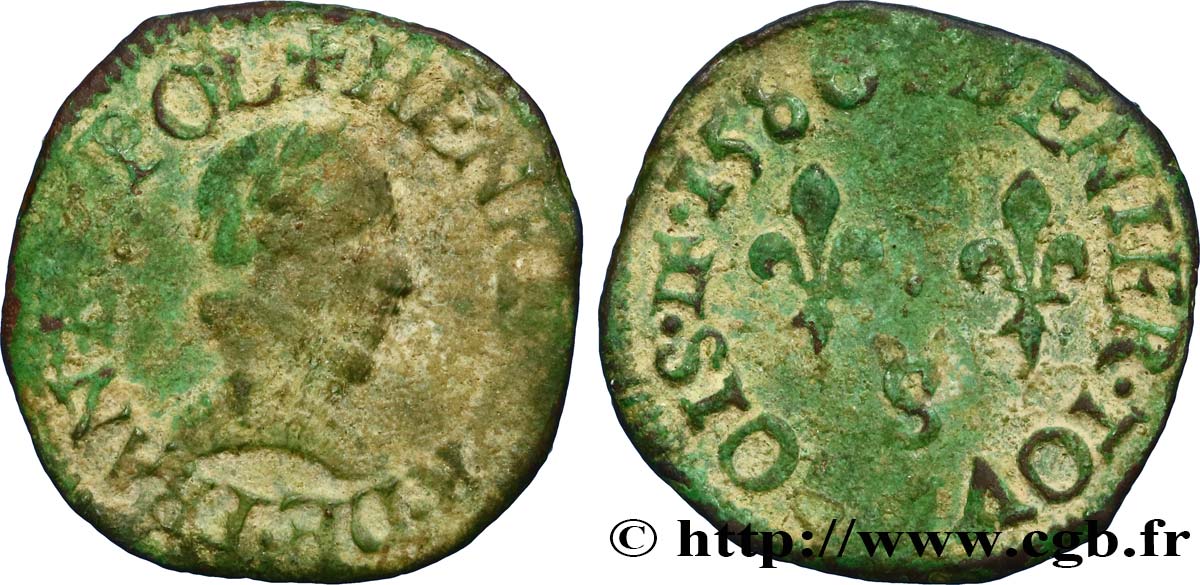 HENRY III Denier tournois, type de Troyes 1586 Troyes S/SS