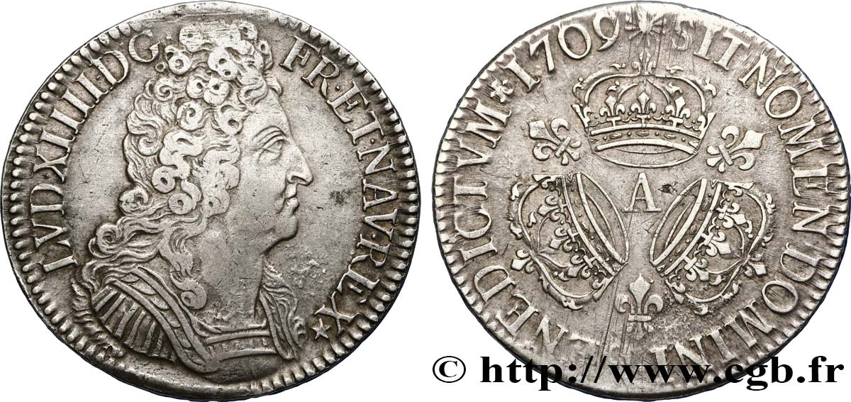 LOUIS XIV LE GRAND OU LE ROI SOLEIL Écu aux trois couronnes 1709 Paris TB+/TTB