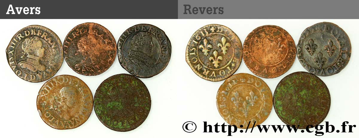 LOUIS XIII LE JUSTE Lot de 5 doubles tournois de Louis XIII n.d. s.l. B+