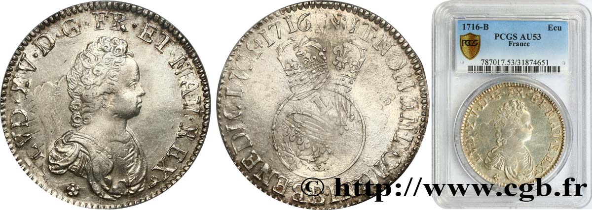 LOUIS XV DIT LE BIEN AIMÉ Écu dit  vertugadin  1716 Rouen TTB53