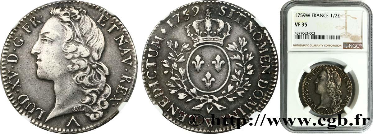 LOUIS XV  THE WELL-BELOVED  Demi-écu aux branches d’olivier, tête ceinte d’un bandeau 1759 Lille BC35
