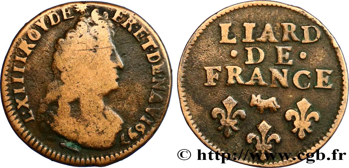 LOUIS XIV LE GRAND OU LE ROI SOLEIL Liard, 3e type, buste âgé 1697 Pau TB+