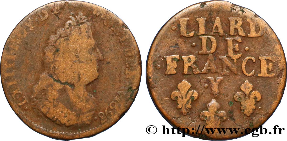 LOUIS XIV LE GRAND OU LE ROI SOLEIL Liard, 3e type, buste âgé 1698 Bourges B+/TB+